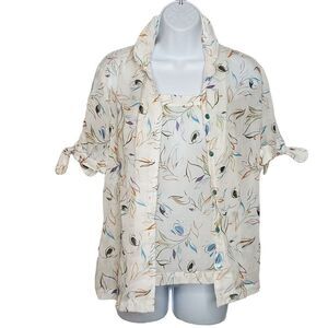 Vintage 2 Pc Tank Top Button Up Short Sleeve Blouse M Sheer Beige Leaves Floral